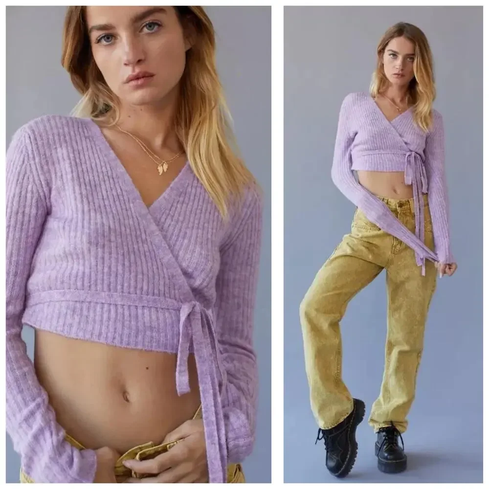 NWT Urban Outfitters Bibi Wrap Sweater Top Size Small Purple Knit Crop Ballerina